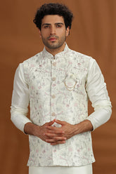 Cream Silk Kurta Pajama with Embroidered Jacket